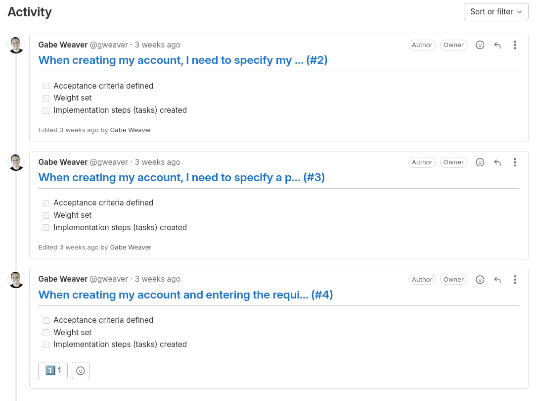 Three discussion threads for sprint planning stories with checklist items.